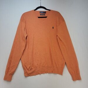 Polo Ralph Lauren Sweater Mens Medium Orange V-Neck 100% Pima Cotton Pony Logo